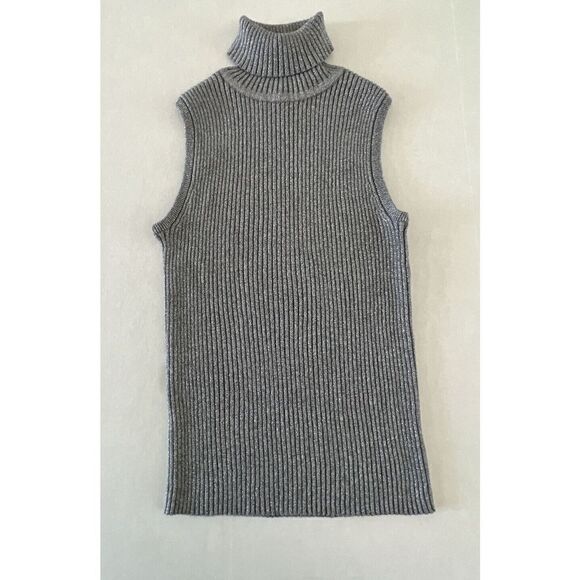 Preswick & Moore Women's Petite Sz M Gray Silver Metallic sleeveless turtleneck - Picture 1 of 4